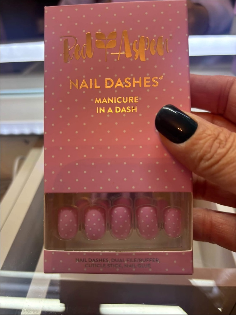 Red Aspen partial set
matte pink with white polka dots
Short square